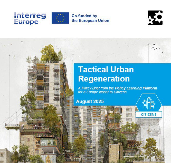Cover of a policy brief titled "Tactical Urban Regeneration" from the Policy Learning Platform, dated August 2025. Co-funded by the European Union, with logos of Interreg Europe and the EU. Background features illustrated urban buildings with integrated greenery, emphasizing sustainable urban development and citizen engagement.