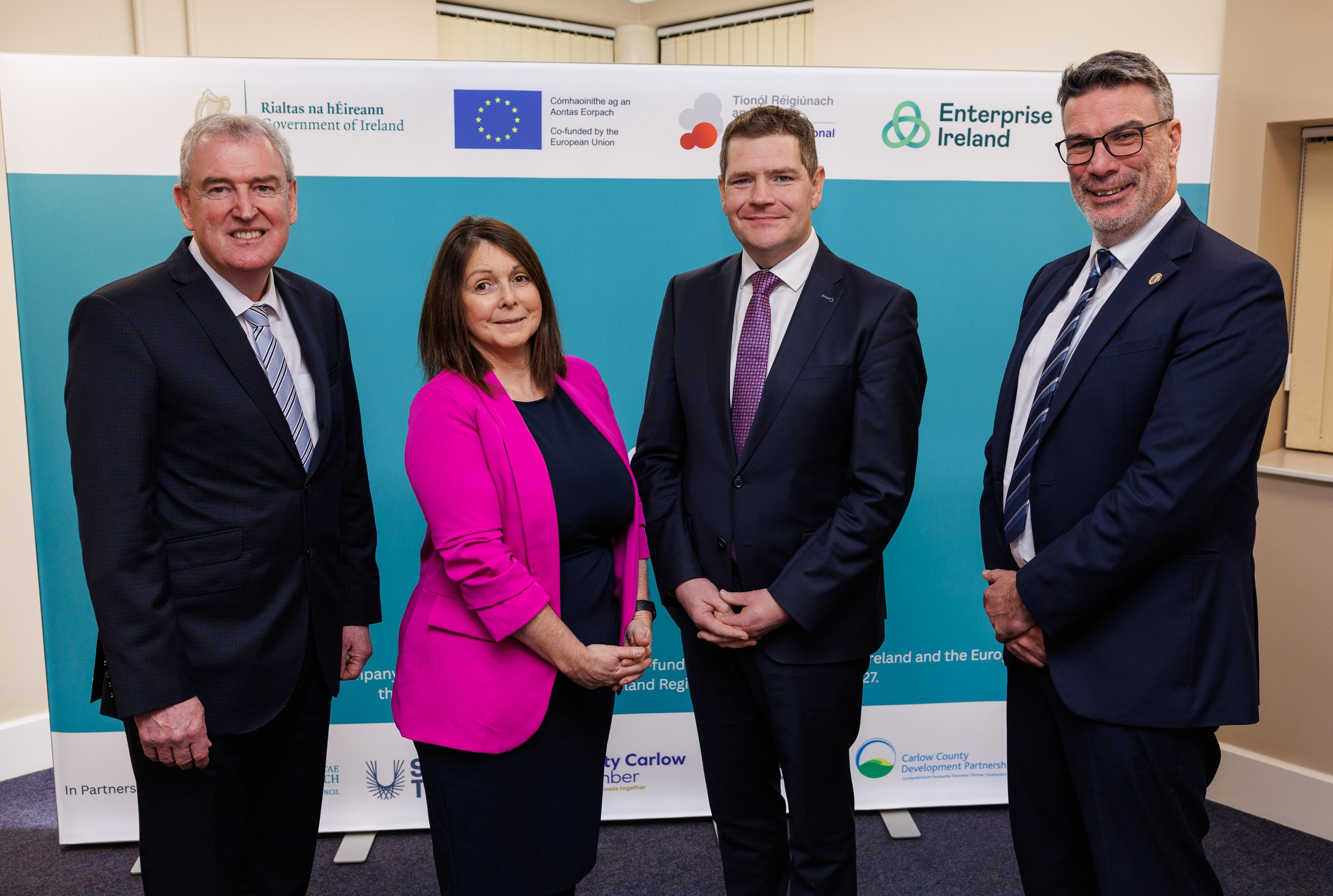 l to r, Kevin Sherry, Interim CEO, Enterprise Ireland, Linda Culleton, Enterprise Ireland, Minister for Enterprise, Tourism and Employment Peter Burke TD and Coilín O'Reilly, Chief Executive of Carlow County Council