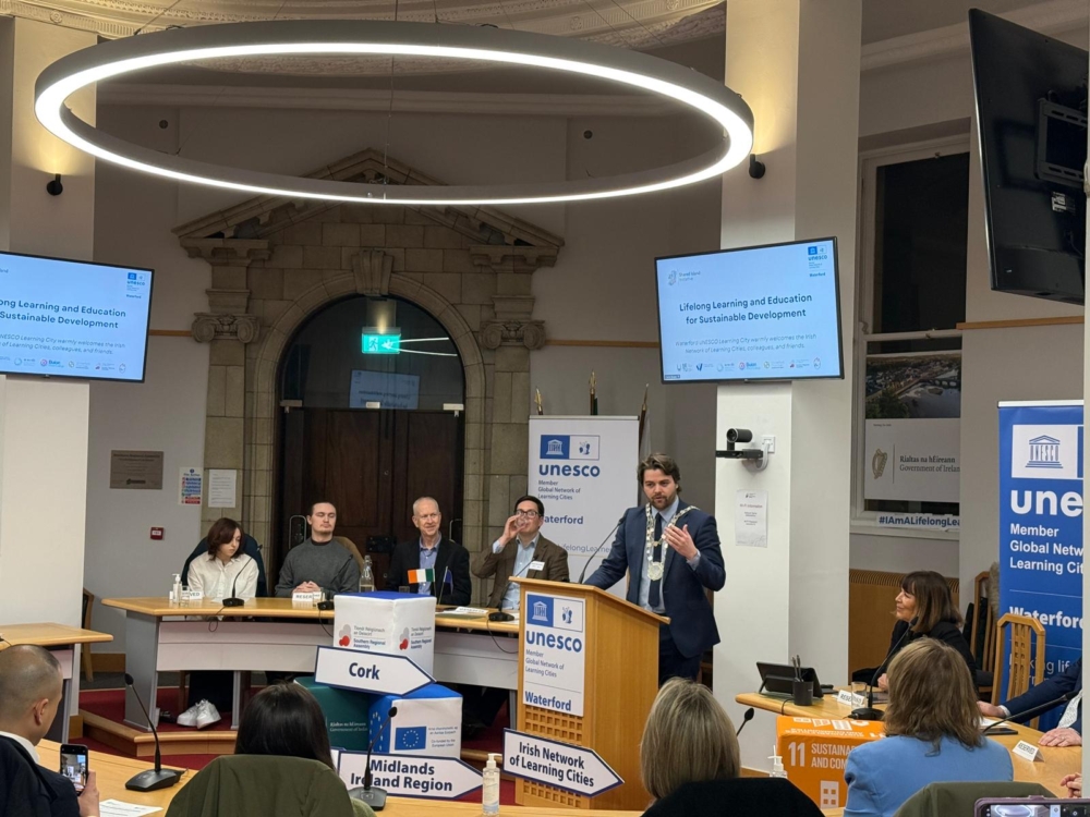 View of four panelists sitting on stage and speaker David Kelly, Director of the Southern Regional Assembly presenting at a podium. 